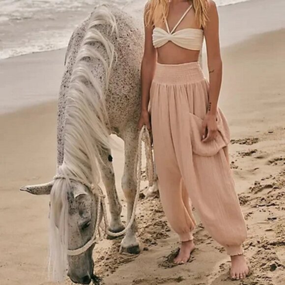 Free People Walk On Fire Pant Pull On Endless Summer Smocked L - Picture 1 of 5